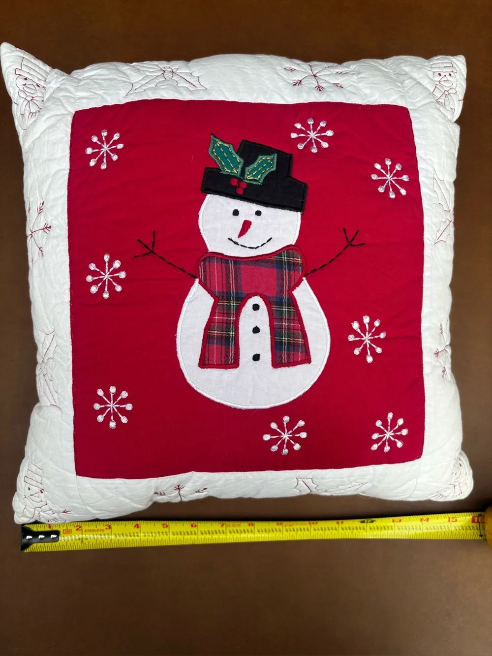 Festive Snowman Holiday Throw Pillow - Red and White quilt vintage